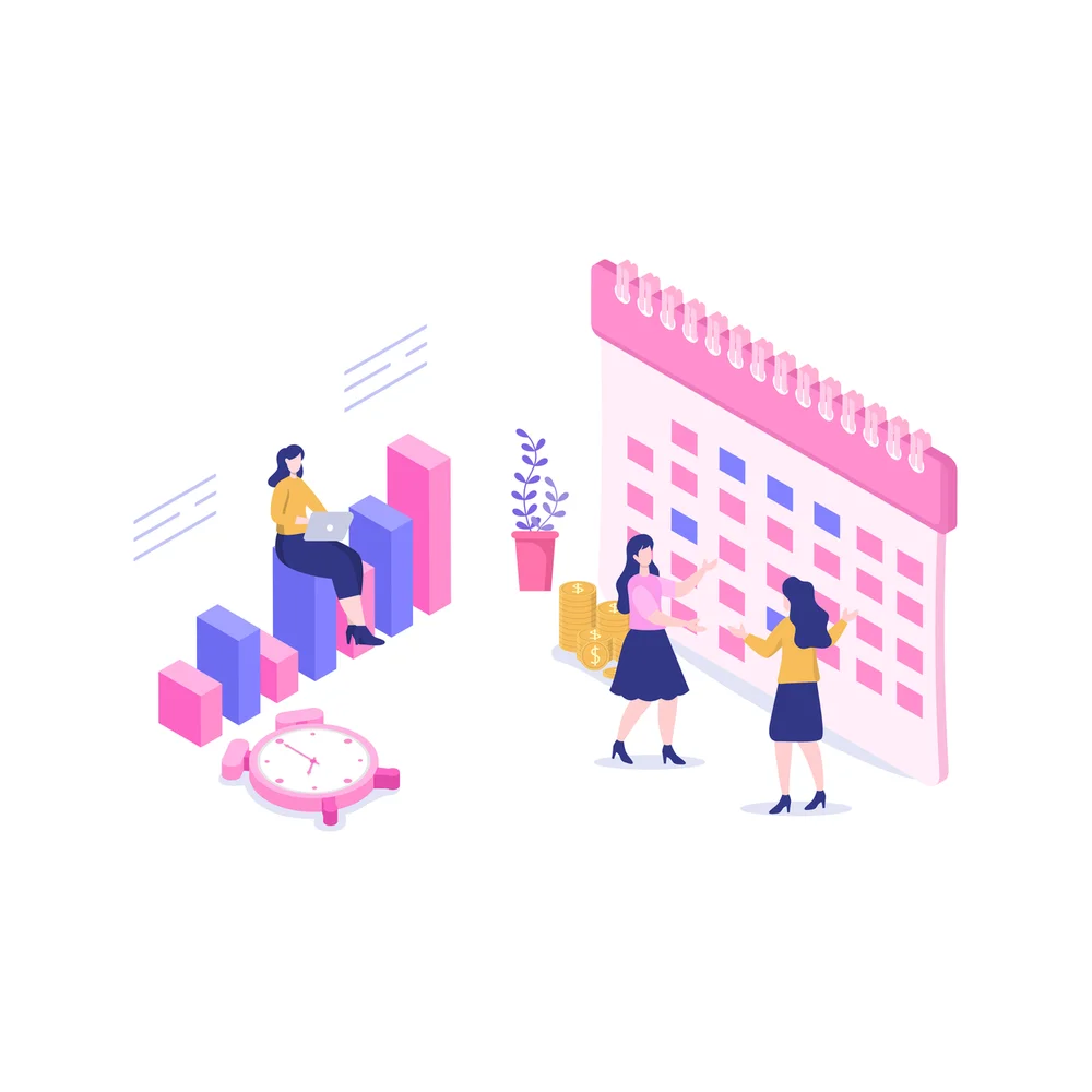 Illustration: three small figures around a giant pink calendar, with bar-chart blocks, stacked coins and an alarm clock