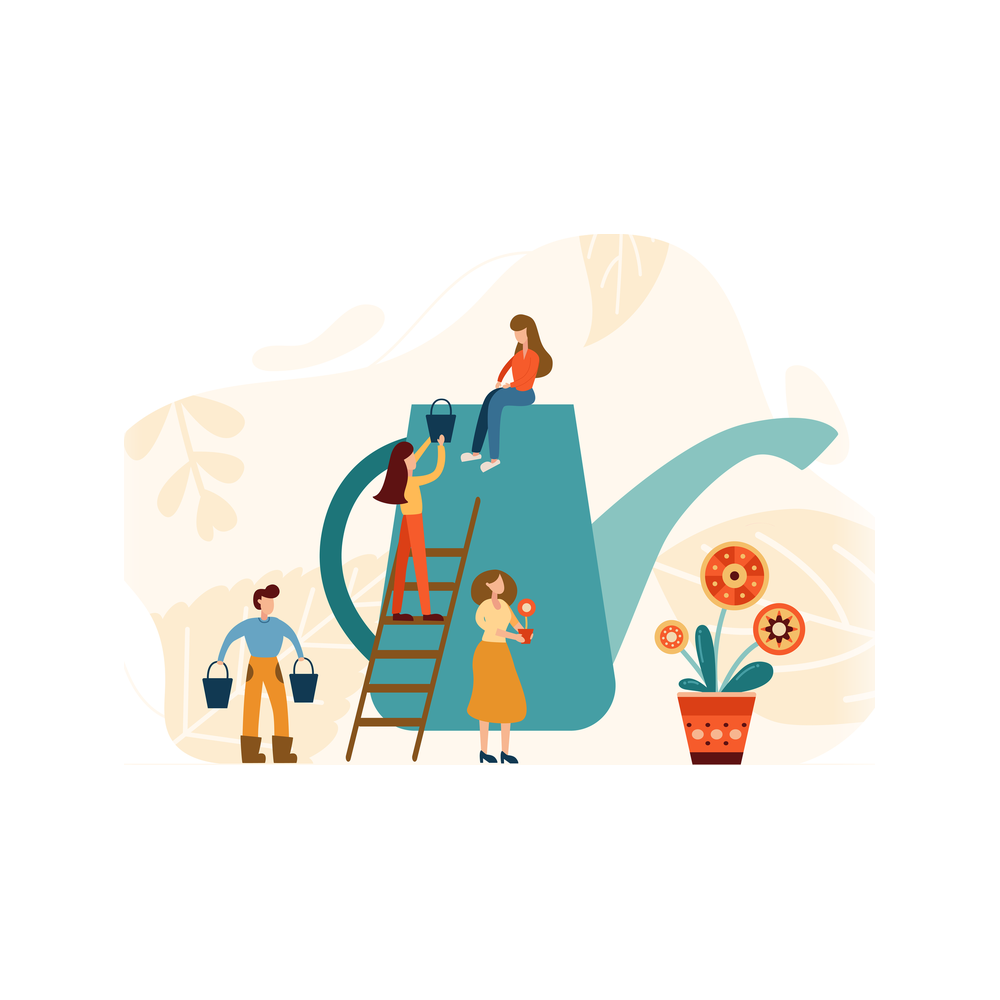 Illustration: four small figures at a giant teal watering can, one carrying two buckets, one on a ladder with a bucket, one sitting on top and one holding a small potted flower, next to a large potted plant
