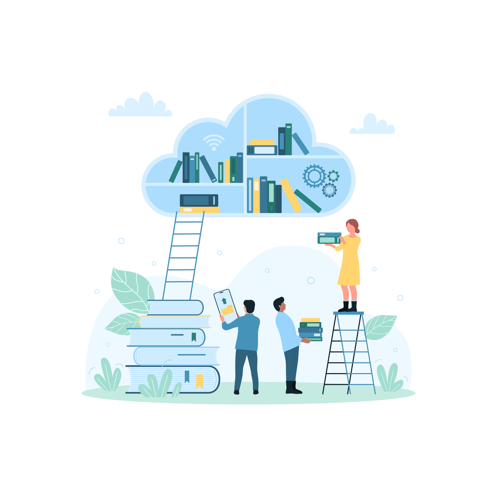 Illustration: three small figures with a phone and an armful of books stand by a ladder and a stepladder that lead up to a cloud-shaped bookshelf