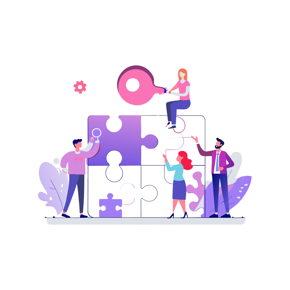 Illustration: four small figures assemble a large puzzle of white and violet pieces, one sitting on top holding a pink magnifying glass and one on the left holding a small magnifier, with a pink gear and purple leaves around them