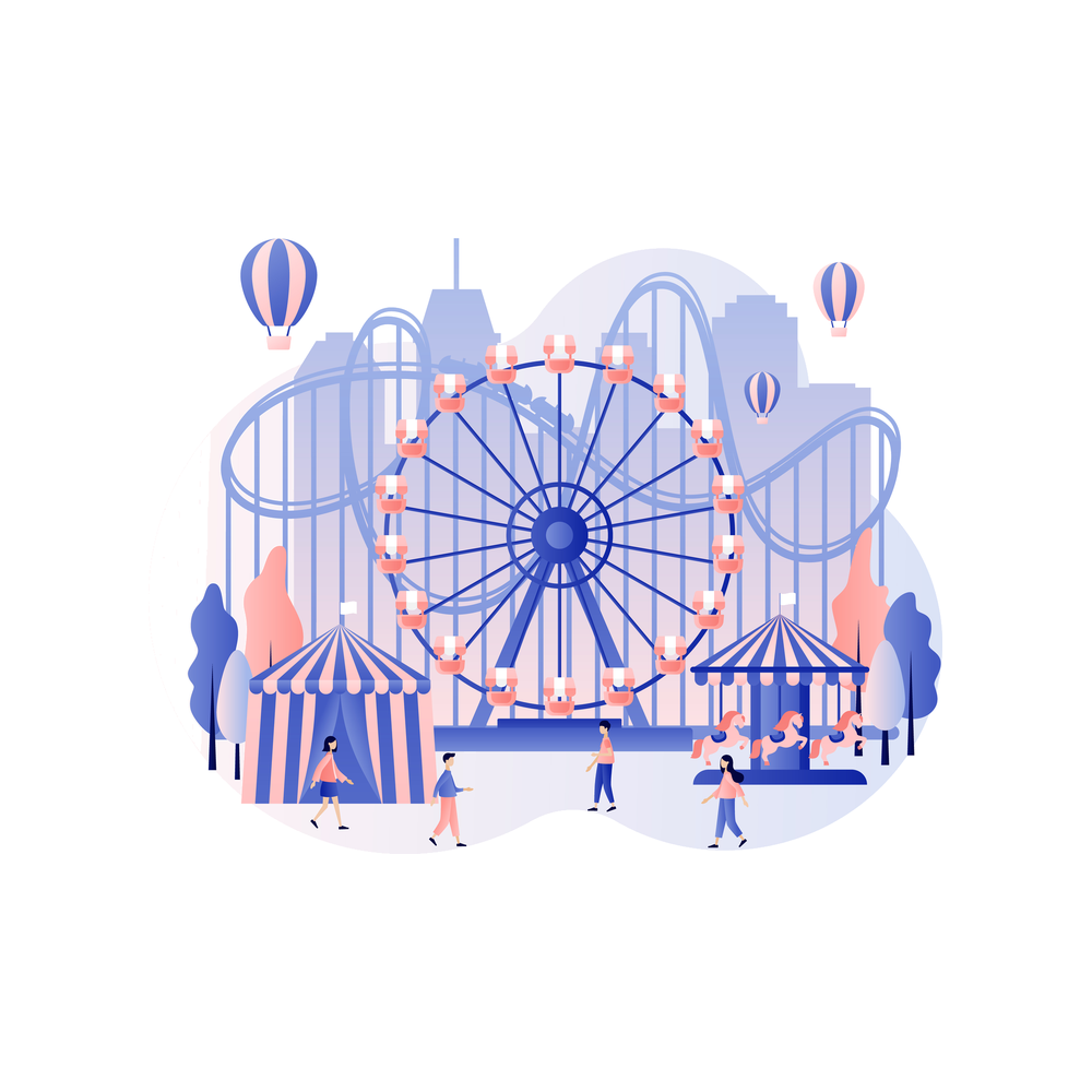 Illustration: small figures walk between a striped tent, a carousel and a giant ferris wheel, with roller coaster tracks and hot air balloons above them