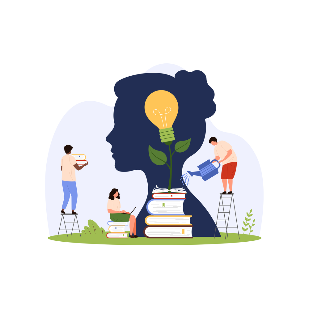 Illustration of a dark head silhouette with a light bulb growing like a plant from an open book on a stack of books, while one small figure on a stepladder carries books, one sits on books with a laptop and one waters the plant from a second stepladder