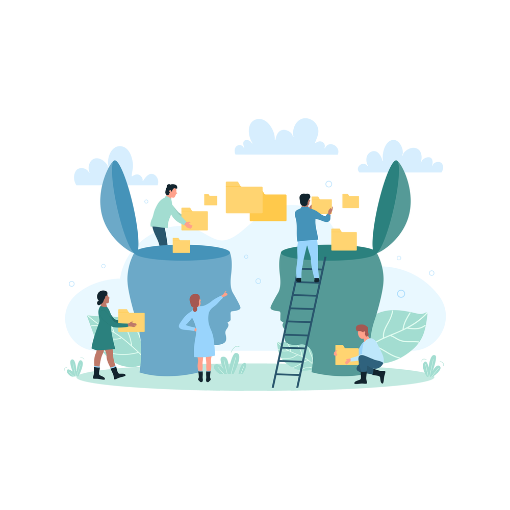 Illustration of two large head silhouettes with open tops and yellow folders moving from one to the other, while five small figures carry folders, point and climb a ladder