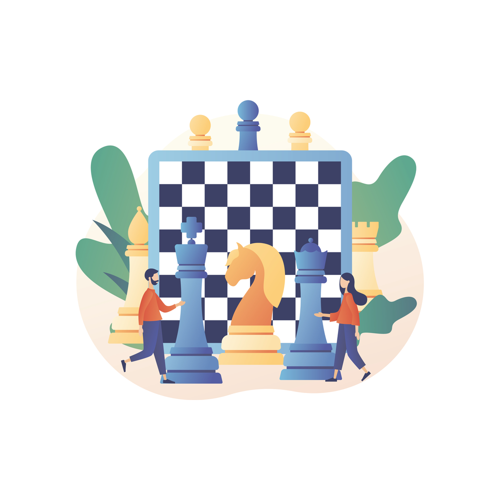 Illustration: a man and a woman in orange tops stand on either side of a giant chessboard with large blue and cream chess pieces, the king, knight and queen in front, with green leaves and a pale peach shape behind them