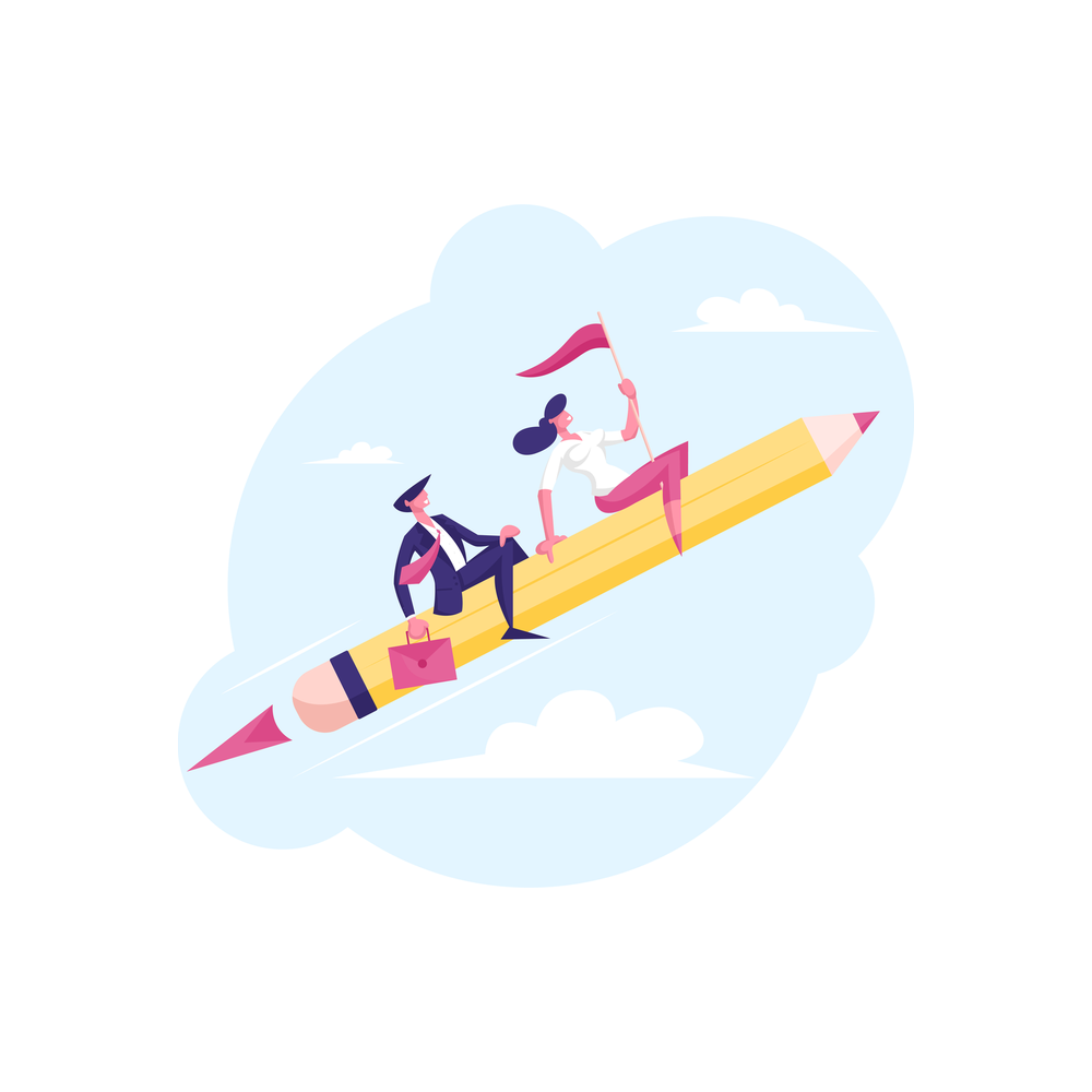 Illustration: two small figures ride a large yellow pencil, one in a dark suit with a pink briefcase and one holding a pink flag, against a pale blue cloud